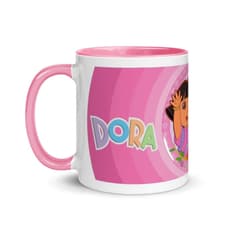 Jarra blanca y rosada de cerámica con diseño impreso tema Dora la exploradora