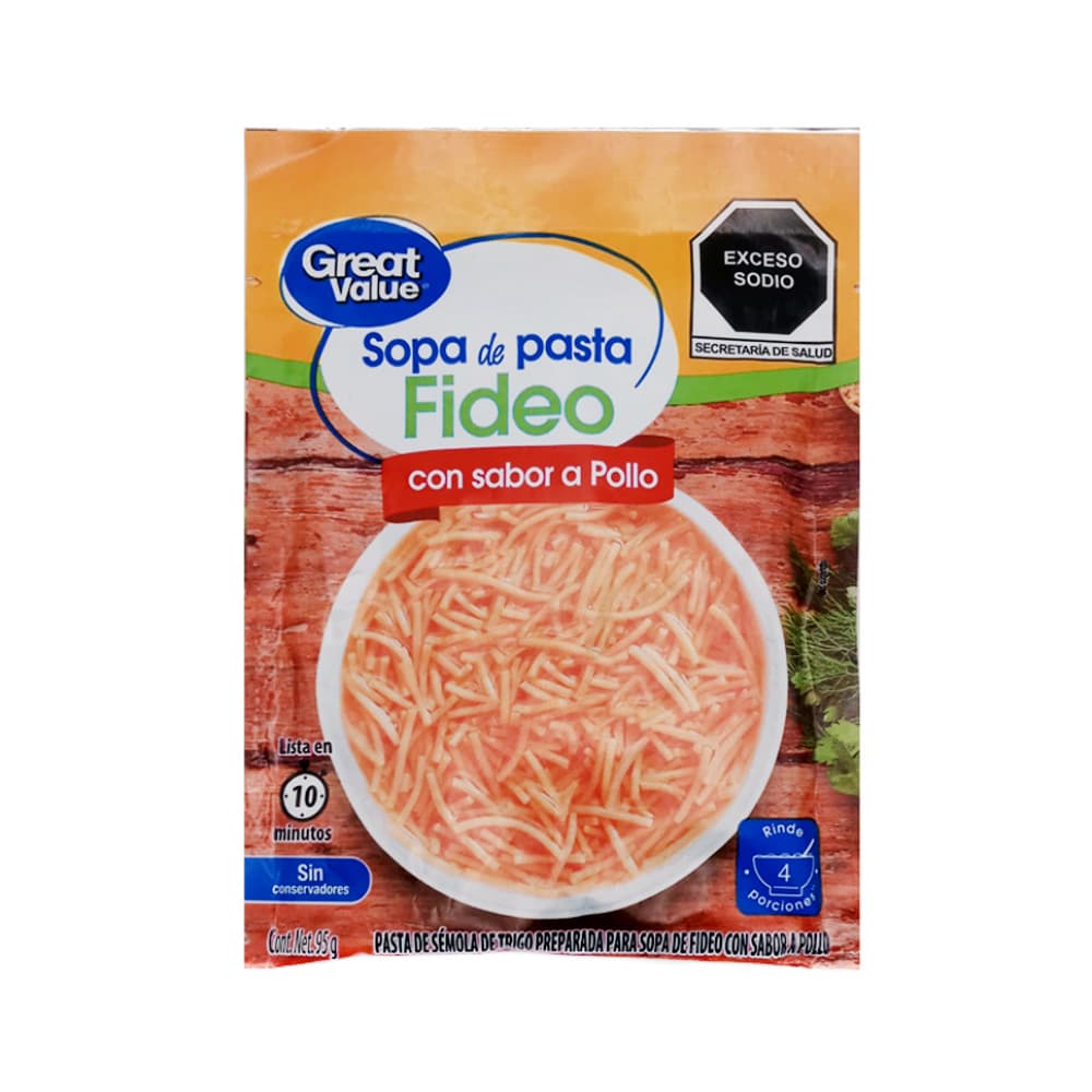 Sopa de pasta fideo con sabor a pollo Great Value (95 g / 3.35 oz)