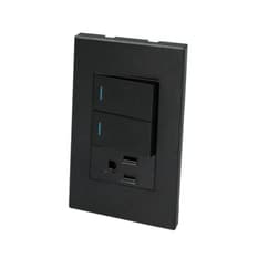 Placa con dos interruptor y un tomacorriente color negro de 1/3 Surtek P626N