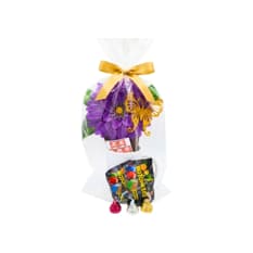 Taza blanca con adorno floral violeta y golosinas Tiara