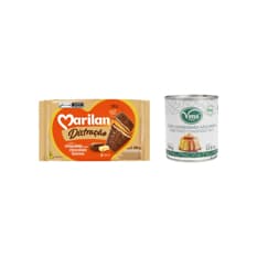 Leche condensada azucarada Vima Foods (390 g / 13.8 oz) + Galleta triple capa sabor chocolate con chocolate blanco Distracao Marilan (280 g / 9.88 oz)