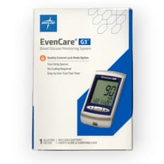 Sistema de monitorización de glucosa en sangre. Glucómetro. Medline EvenCare G3