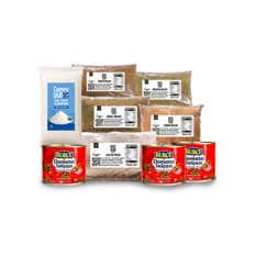 Combo completo de Sazones: Pasta de tomate Burcu + Sal fina común Campo Vivo + Ajo en polvo Cosecha Real + Laurel molido Cosecha Real + Comino molido Cosecha Real + Orégano molido Cosecha Real + Romero molido Cosecha Real