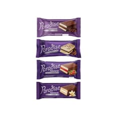 Pastelitos Paradise Simsek rellenos de crema de chocolate, vainilla y fresa con cobertura de chocolate y chocolate blanco