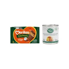 Leche condensada azucarada Vima Foods (390 g / 13.8 oz) + Galleta triple capa sabor chocolate con coco Distracao Marilan (280 g / 9.88 az)
