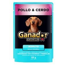 Alimento húmedo para perro adulto raza pequeña trozos de carne en salsa pollo y cerdo Ganador Premium (100 g / 3.5 oz)