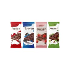 Tabletas de chocolate rellena de crema de avellanas, fresa, leche y galletas Jouven Rosso Bianco