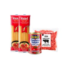 Combo para espaguetis #7: Espaguetis Ridel + Picadillo de res Cosecha Real + Pasta de tomate Burcu