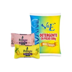Combo básico de higiene y limpieza #1: Detergente en polvo multiuso con aroma floral Lavane + Jabón de belleza con fragancia a limón Prolight + Jabón de belleza con fragancia a rosas Prolight