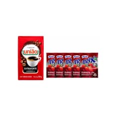 Café tostado y molido extra fuerte União +  Refresco instantáneo de fresa Trix