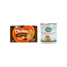 Leche condensada azucarada Vima Foods (390 g / 13.8 oz) + Galleta triple capa sabor vainilla con chocolate Distracao Marilan (280 g / 9.88 oz)