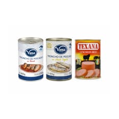 Carne de res tipo spam Texana  + Troncho de pescado en aceite vegetal + Troncho de pescado en tomate