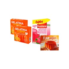 Combo: Gelatina naranja + Gelatina frambuesa + Flan sabor manjar