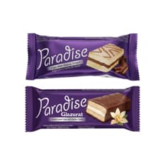 Pastelitos Paradise Simsek relleno de crema de vainilla con cobertura de chocolate y relleno de crema de chocolate con cobertura de chocolate blanco