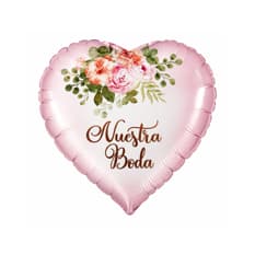 Globo de 18 pulgadas en forma de corazón color rosado con cartel de Nuestra Boda Balloon