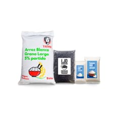 Combo básico: Arroz de grano largo 5% de grano partido Tatine + Frijoles negros LJD + Sal fina común Campo Vivo + Azúcar blanca refina Campo Vivo