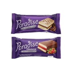 Pastelitos Paradise Simsek relleno de crema de chocolate con cobertura de chocolate blanco y relleno de crema de fresa con cobertura de chocolate