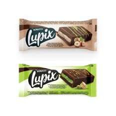 Pasteles de chocolate rellenos y decorados con crema de avellanas y pistacho Lupix Bonucci