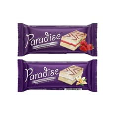 Pastelitos Paradise Simsek rellenos de crema de vainilla y fresa con cobertura de chocolate blanco