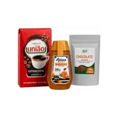 Café tostado y molido extra fuerte União + Miel de abejas Apisun + Chocolate en polvo