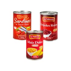 Sardina en salsa de tomate + Maíz dulce en grano + Frijoles rojos enlatados