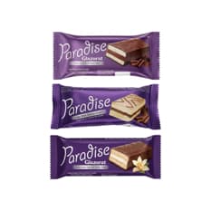 Pastelitos Paradise Simsek rellenos de crema de chocolate con cobertura de chocolate y chocolate blanco y relleno de crema de vainilla con cobertura de chocolate