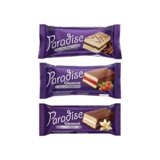 Pastelitos Paradise Simsek rellenos de crema de fresa y vainilla con cobertura de chocolate y relleno de crema de chocolate con cobertura de chocolate blanco