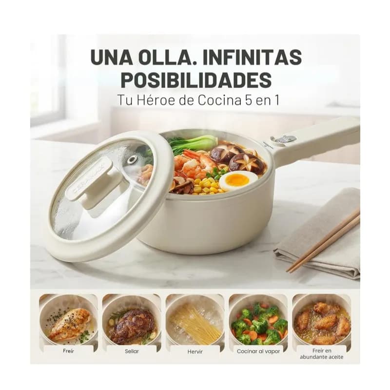 Olla eléctrica 1.5 L con tapa, vaporizador y sartén de cerámica 2 en 1 - Miniatura 2