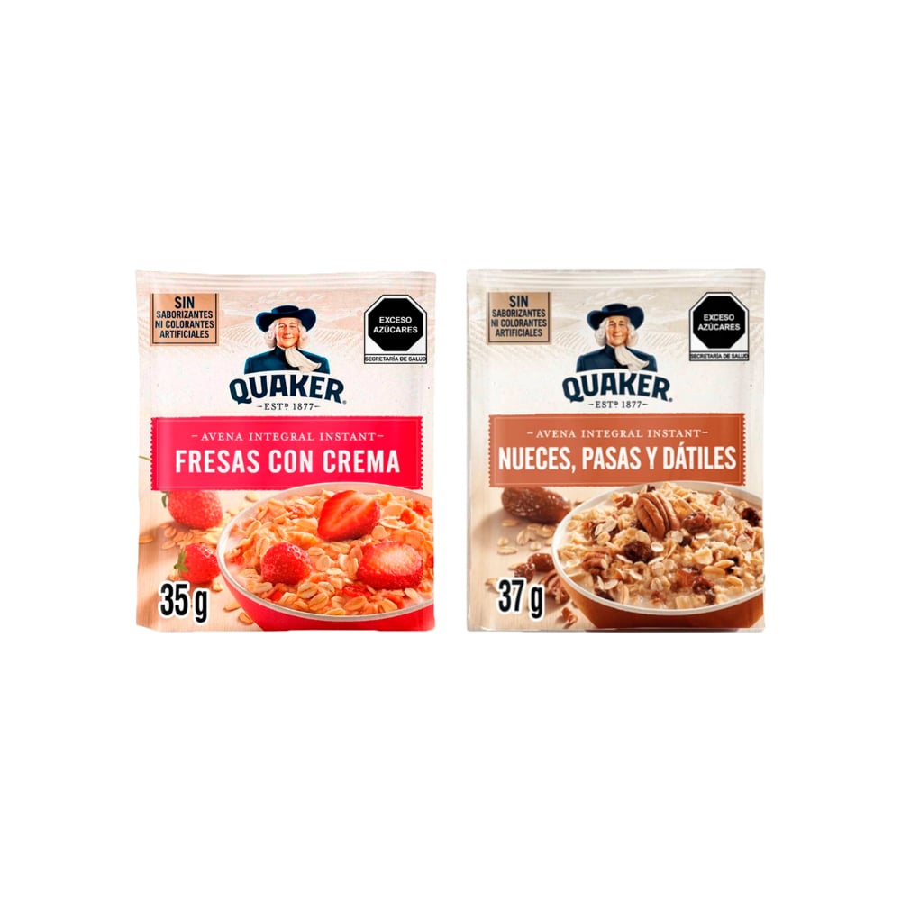 Combo de cereales de desayuno Quaker sabor fresa con crema (35 g / 1,23 oz) + nueces, pasas y dátiles (40 g / 1,41 oz) - Imagen 1