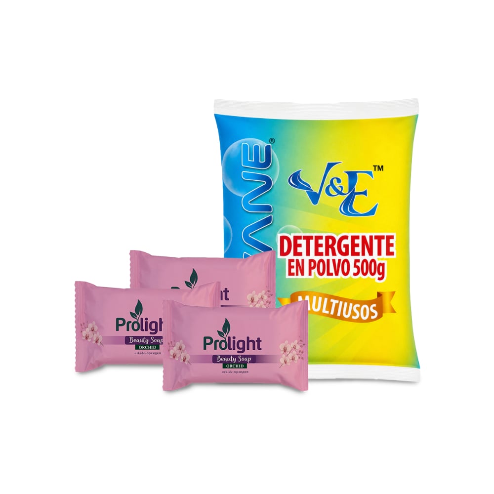 Combo de higiene y limpieza #3: Detergente en polvo multiuso con aroma floral Lavane + Jabón de belleza con fragancia a orquídea Prolight - Imagen 1