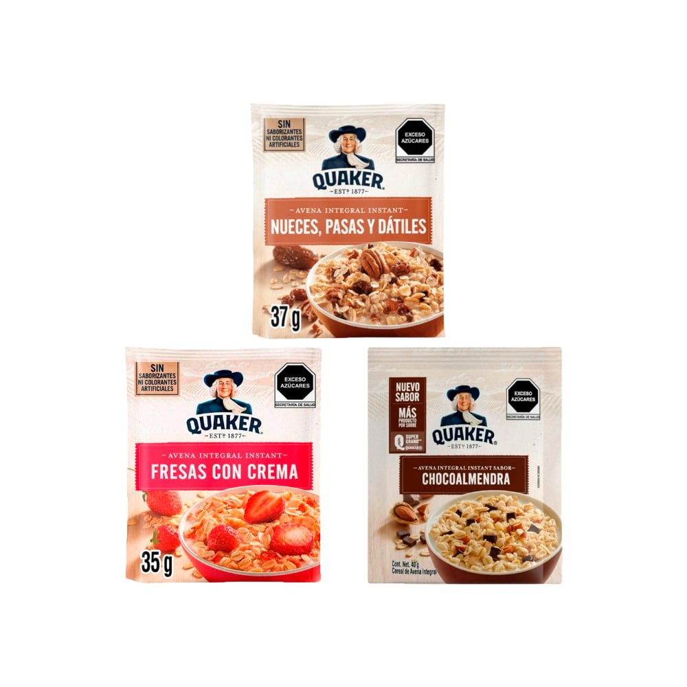 Combo de cereales de desayuno Quaker sabor nueces, pasas y dátiles (37 g / 1,30 oz) + chocoalmendra (40 g / 1,41 oz) + fresas con crema (35 g / 1,23 oz) - Imagen 1