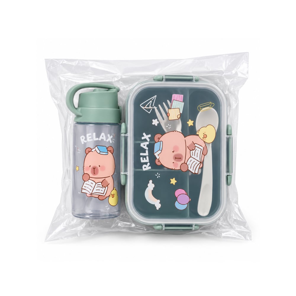Set de almuerzo infantil con botella plástica y cubiertos Relax (1 U) - Imagen 1