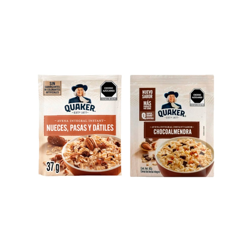 Combo de cereales de desayuno Quaker sabor nueces, pasas y dátiles (37 g / 1,30 oz) + chocoalmendra (40 g / 1,41 oz) - Imagen 1