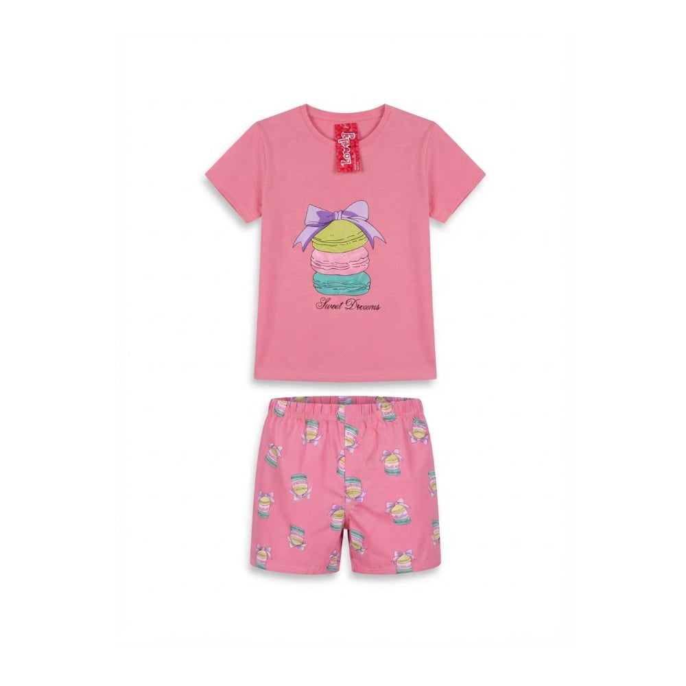Pijama de dos piezas femenino color rosado con diseño central de macarons Lovely (Talla XL) - Imagen 1