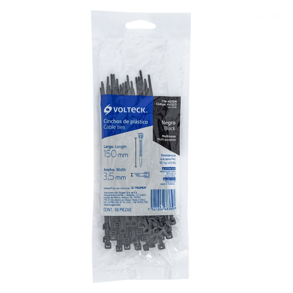 Bridas de plástico color negro de 3.5 mm x 150 mm Volteck (50 U) - Imagen 1