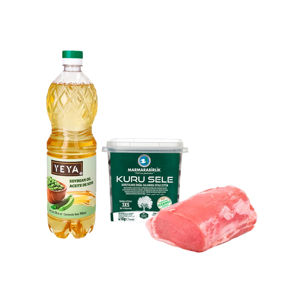 Aceite de soya + Lomo de cerdo sin piel y sin hueso + Aceitunas negras naturales deshidratadas - Imagen 1