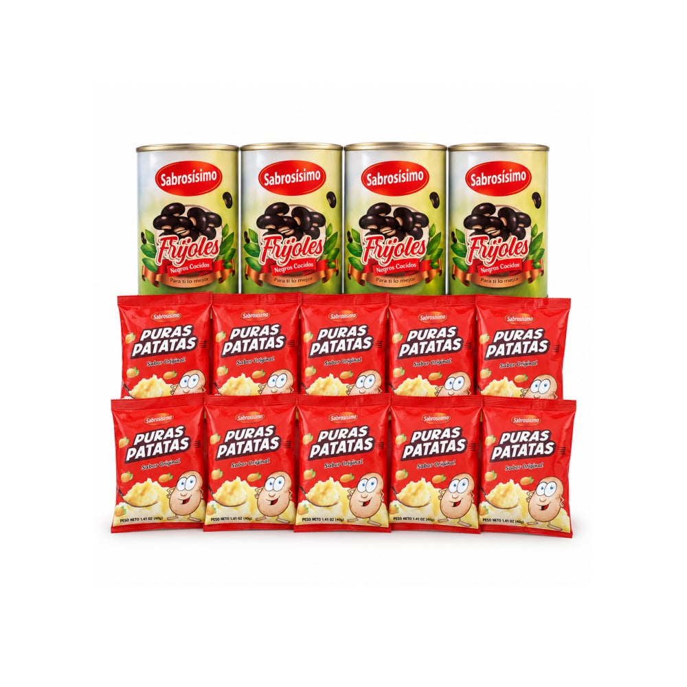 Combo Frijoles negros cocidos Sabrosísimo (4 x 400 g / 14.11 oz) + Puré de puras patatas instantáneo Sabrosísimo (10 x 40 g) - Imagen 1