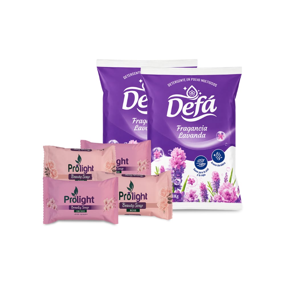 Combo Aseo y Limpieza #4: Detergente en polvo multiusos fragancia de lavanda Defá + Jabón de belleza con fragancia a orquídea Prolight + Jabón de belleza con fragancia a rosas Prolight - Imagen 1