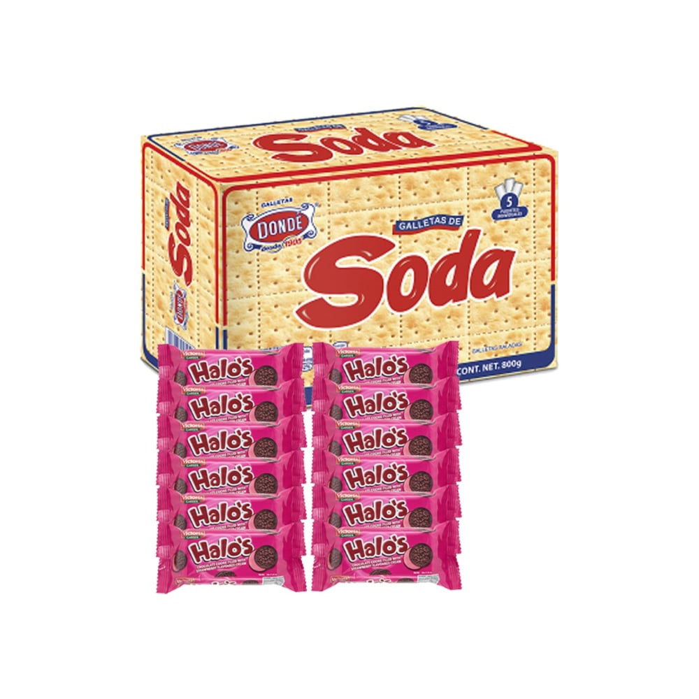 Galletas de chocolate rellenas con crema sabor fresa Victoria Garden Halo’s (12 X 30 g)+ Galletas de soda Dondé (800 g / 1.76 lb) - Imagen 1