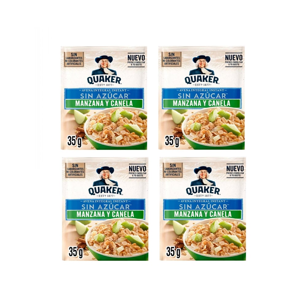 Cereal de avena integral sin azúcar sabor manzana y canela Quaker (4 x 35 g / 1.23 oz) - Imagen 1