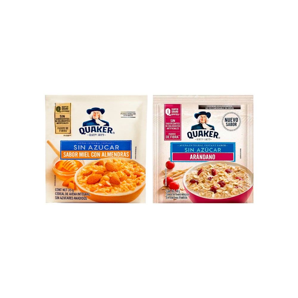 Combo de cereal para desayuno sin azúcar quaker sabor arándanos (40 g / 1.41 oz) + miel con almendras (35 g / 1.23 oz) - Imagen 1