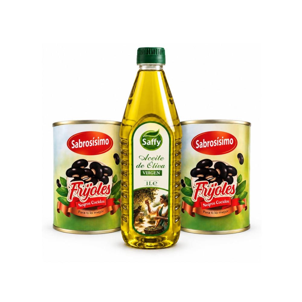 Combo Aceite de oliva virgen Saffy (1 L) +  Frijoles negros cocidos Sabrosísimo (2 x 400 g / 14.11 oz) - Imagen 1
