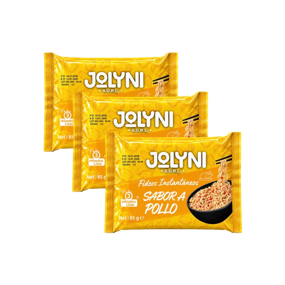 Sopa de fideos instantáneos sabor pollo Jolyni (3 x 85 g / 3 oz) - Imagen 1