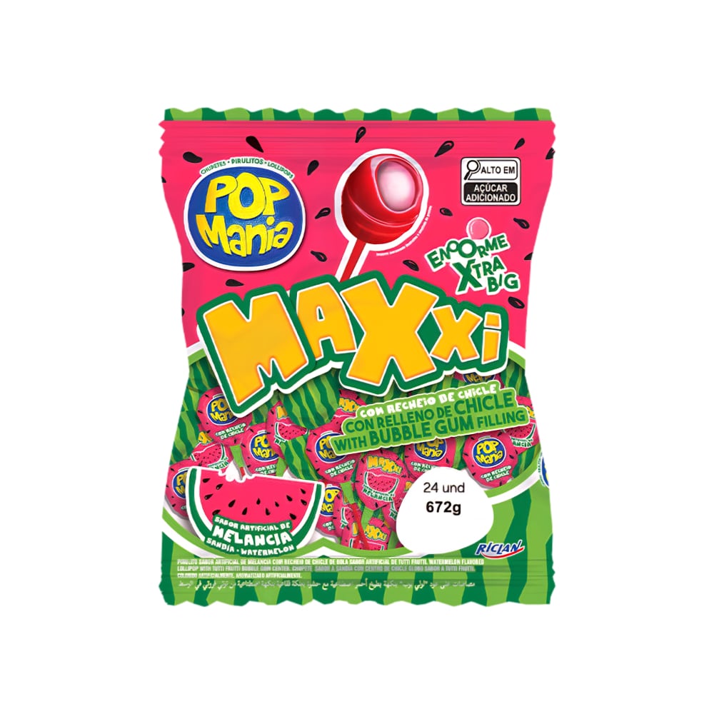 Chupa chupa sabor sandía con relleno de chicle Pop Mania Maxxi (672 g / 1.48 lb) - Imagen 1