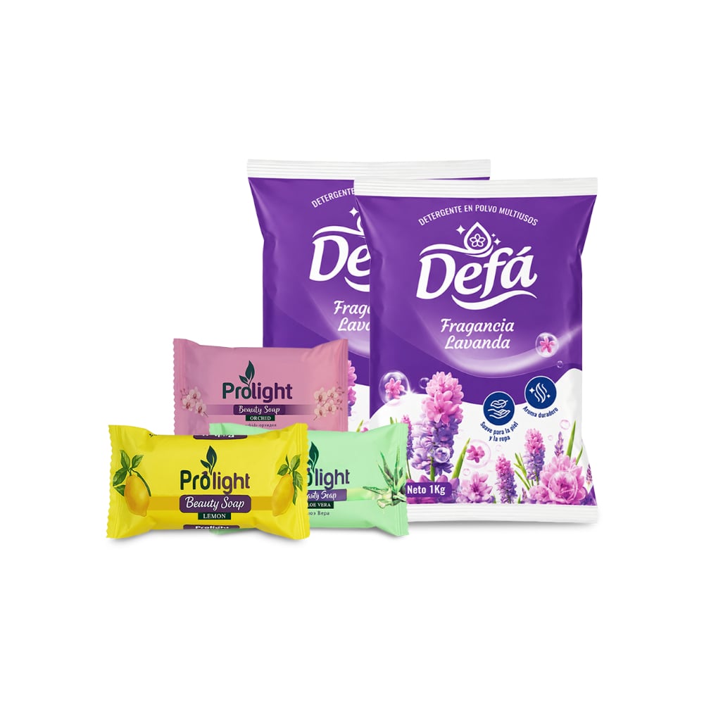 Combo Aseo y Limpieza #3: Detergente en polvo multiusos fragancia de lavanda Defá + Jabones de belleza Prolight - Imagen 1