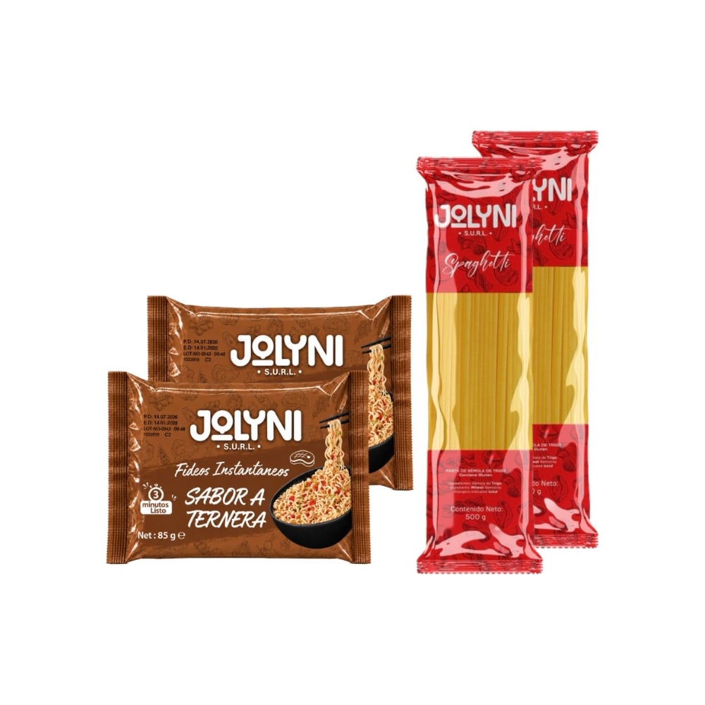 Mixto de fideo y pasta: Sopa de fideos instantáneos sabor ternera Jolyni (2 x 85 g / 3 oz) + Spaghetti Jolyni (2 x 500 g / 17.63 oz) - Imagen 1