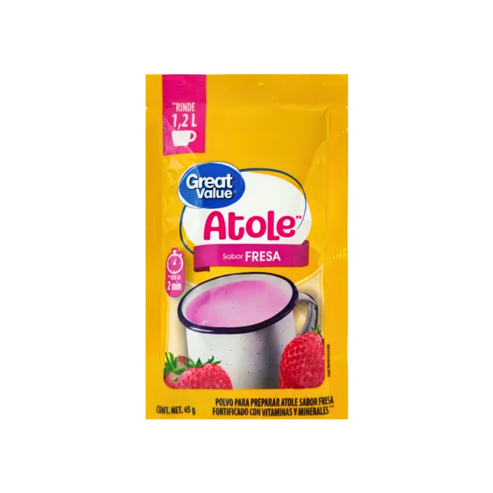 Polvo para preparar atole sabor fresa fortificado con vitaminas y minerales Great Value (45 g / 1.59 oz) - Imagen 1