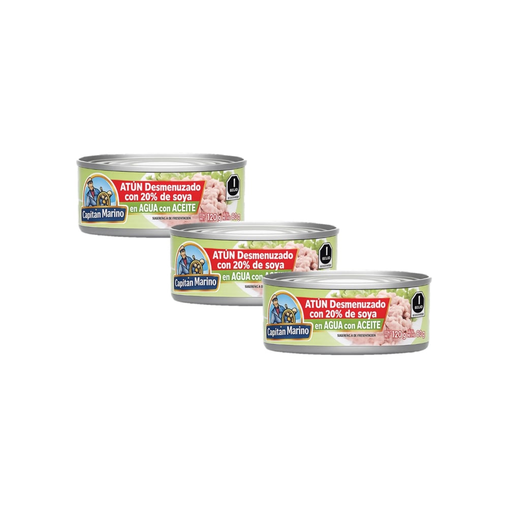 Atún desmenuzado con 20% de soya en agua con aceite Capitán Marino (3 x 120 g / 4.2 oz) - Imagen 1