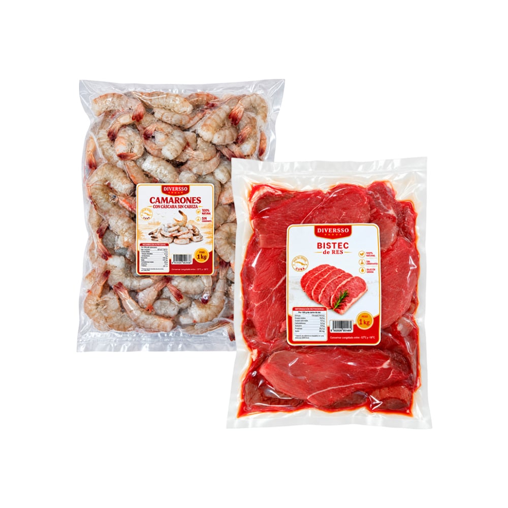 Combo: Camarones con cáscara sin cabeza Diversso (1 kg / 2.2 lb) + Bistec de res Diversso (1 kg / 2.2 lb) - Imagen 1