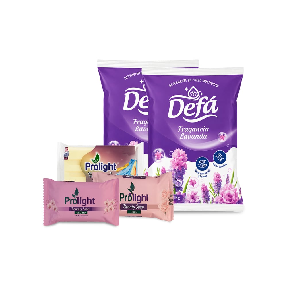 Combo Aseo y Limpieza #5: Detergente en polvo multiusos fragancia de lavanda Defá + Jabones de belleza Prolight + Jabón de lavar con enzimas Prolight - Imagen 1